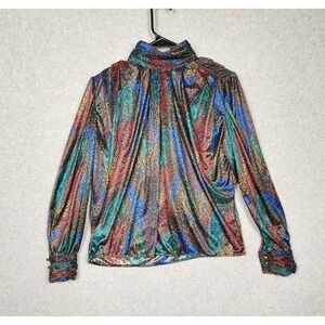 Vintage Tess Petite Blouse Womens 12P Multicolor Paisley Metallic Button Up 90s